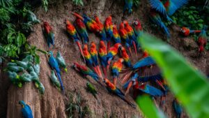 Macaw clay lick in the peruvian amazon, photo by Joselo Barazorda