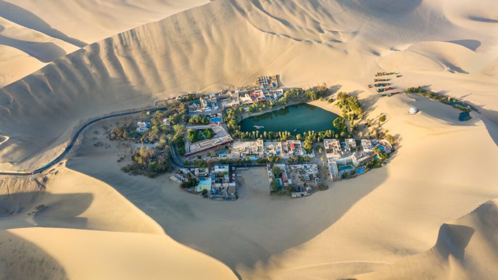 an oasis in the middle of the desert in Ica, Peru